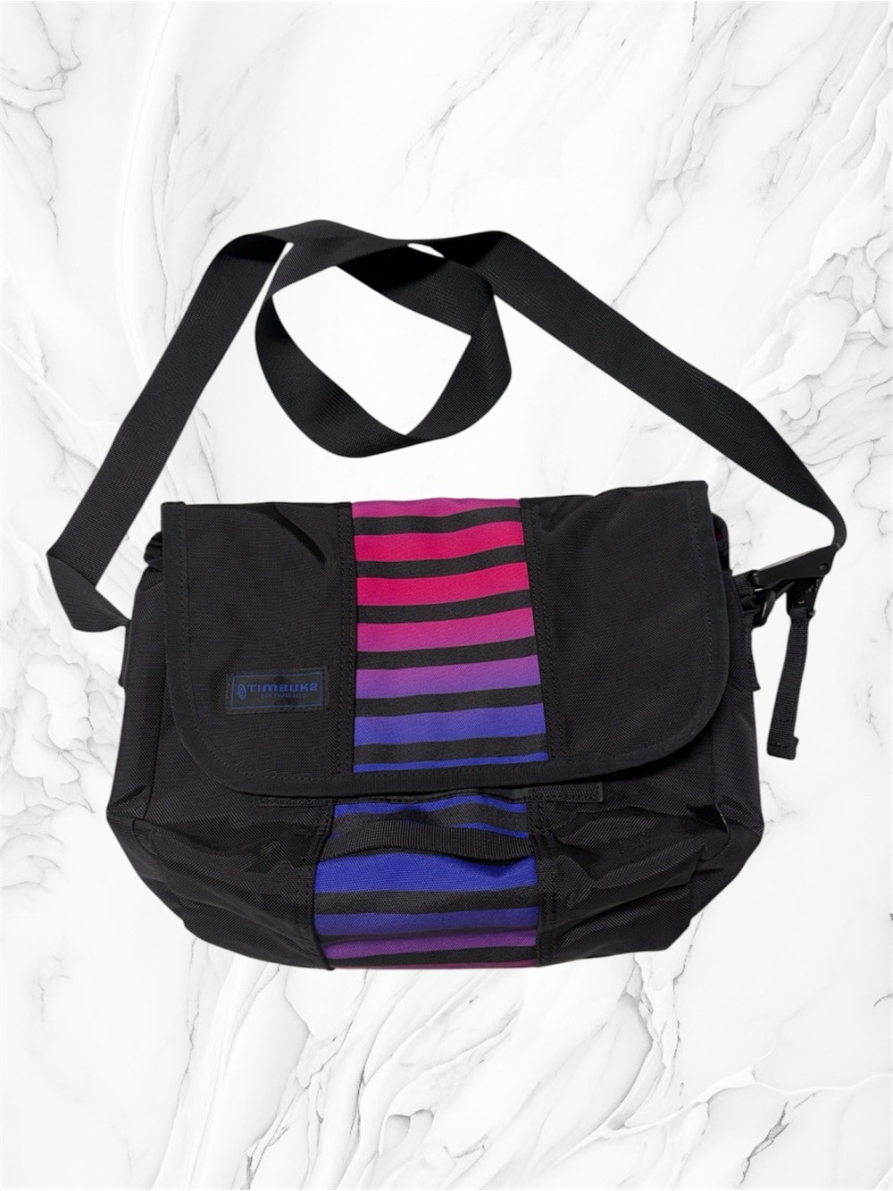 Timbuk2 Black Messenger Bag with Pink and Purple Stripes